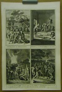 Picart, Bernard: Convoi funebre des Mexiquains. Presens que les Mexiquains font a leurs morts. Les Habitans de Venezuela boivent les cendres de leurs Caciques apres avoir brulé leurs corps. Les Habitans de Venezuela pleurent sur le corps de leurs Caciques