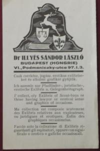 Radványi-Román, Károly (1900 - 1957): Illyés Sándor László: Csak cserkész, jogász, erotikus exlibriszeket és alkalmi grafikát gyűjtök